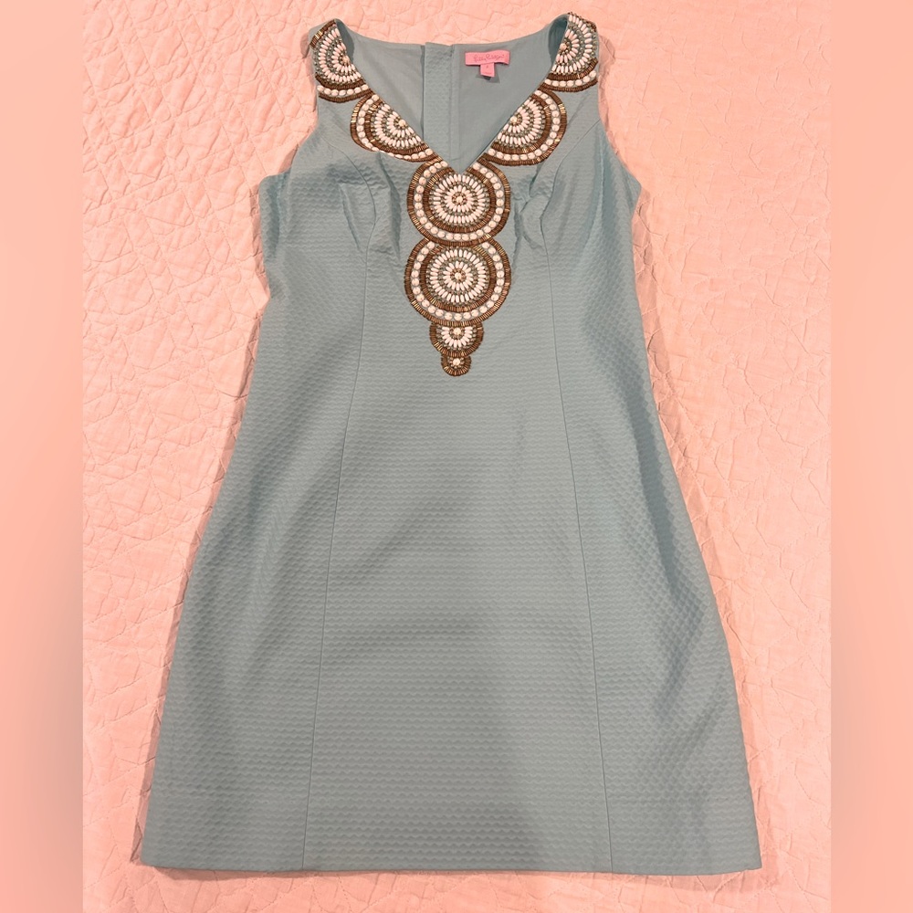 NWOT Lilly Pulitzer aqua and gold/white dress